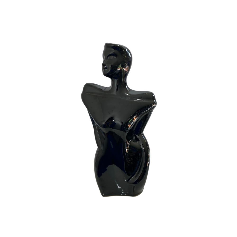 Vtg 1980s Black Ceramic Female Bust Statue Art Deco Revival Postmodern Sculpture